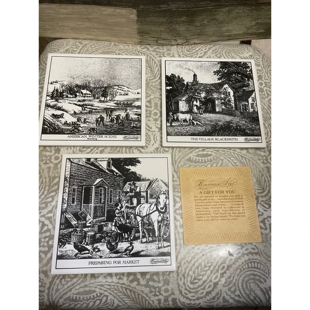 Vintage Currier Ives hot plates wall hanging American Winter Scene Village